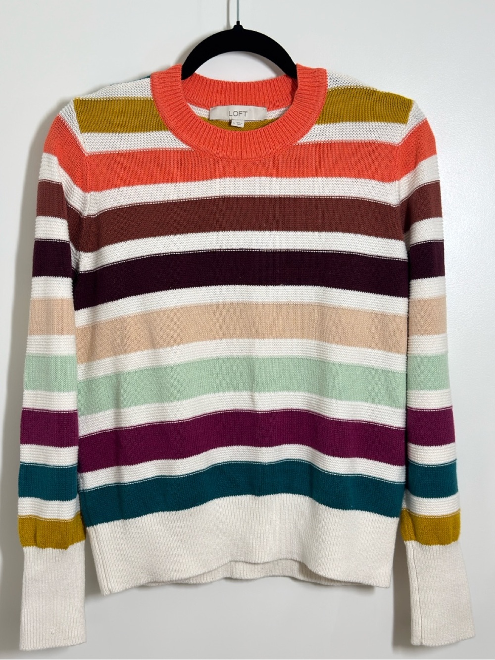 LOFT Coral Trim Multicolor Striped Crewneck Sweater